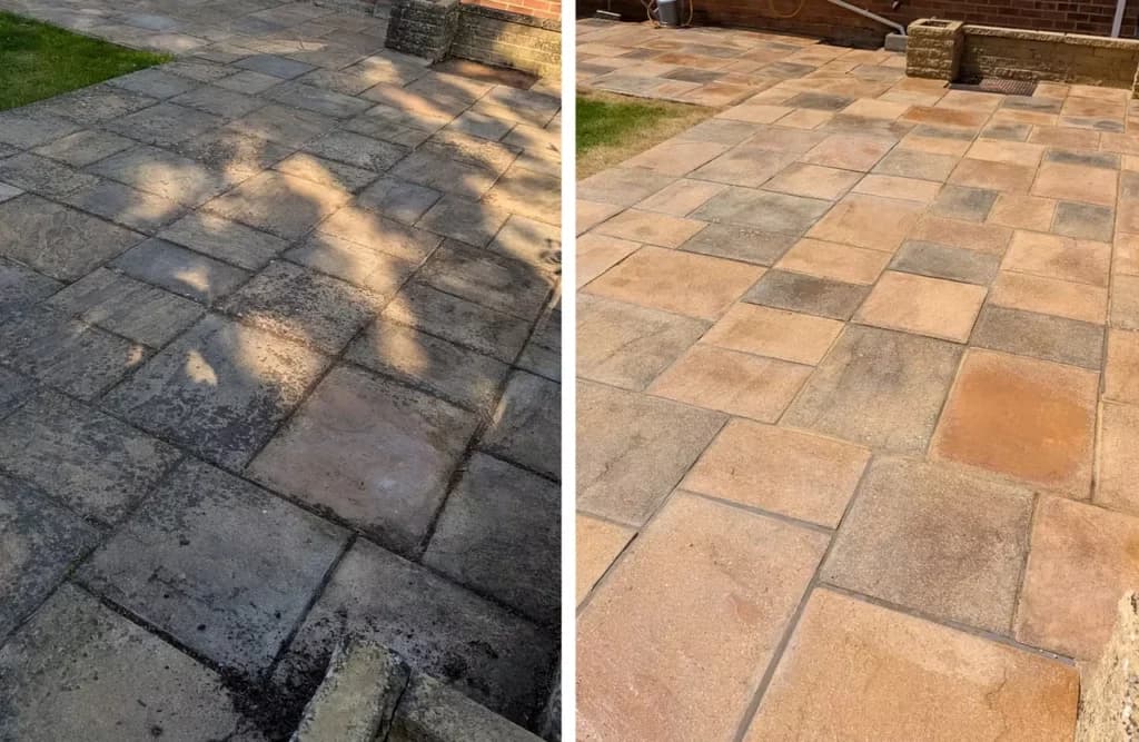 Natural stone patio cleaned by Fresher Pressure in Haywards Heath
