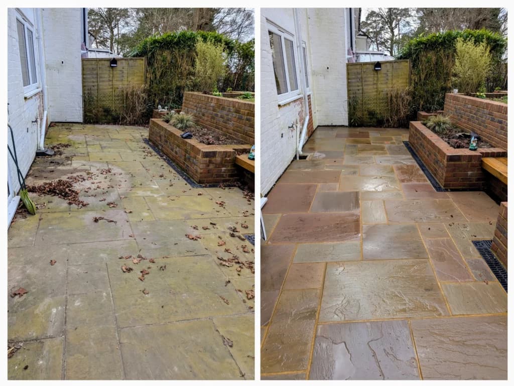 A back garden patio before and after cleaning by Fresher Pressure