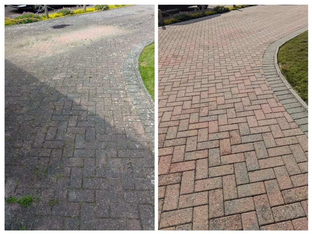 A driveway before and after cleaning by Fresher Pressure