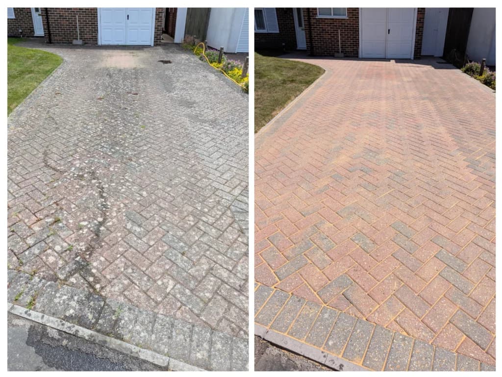 A mossy driveway before and after cleaning by Fresher Pressure