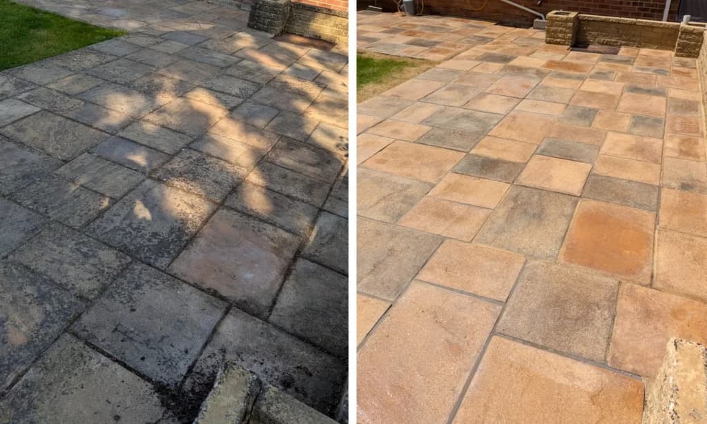 A patio before and after pressure washing by Fresher Pressure