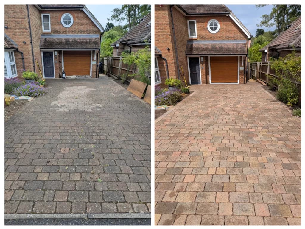 A driveway and house entrance cleaned by Fresher Pressure