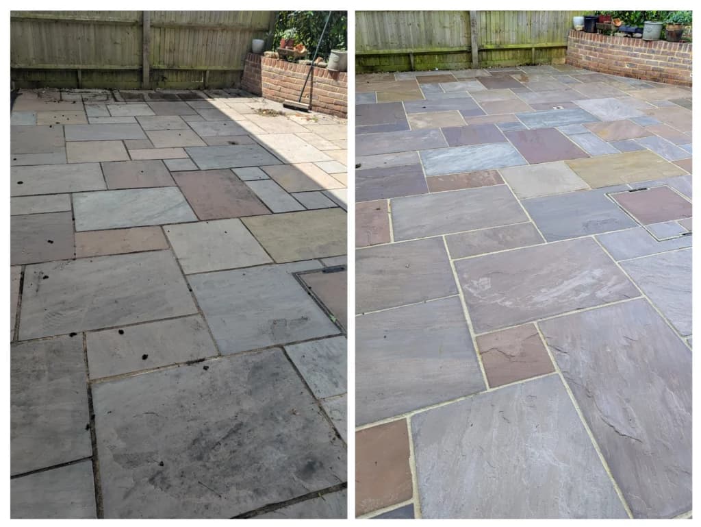 A natural stone patio cleaned by Fresher Pressure